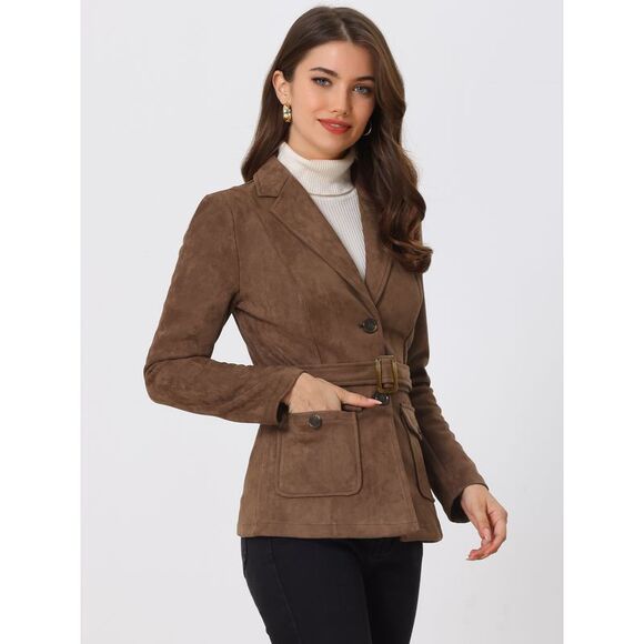 Faux Suede Blazer Belted Lapel Outwear Single Breasted Boho Jacket Dark Brown - Picture 3 of 5